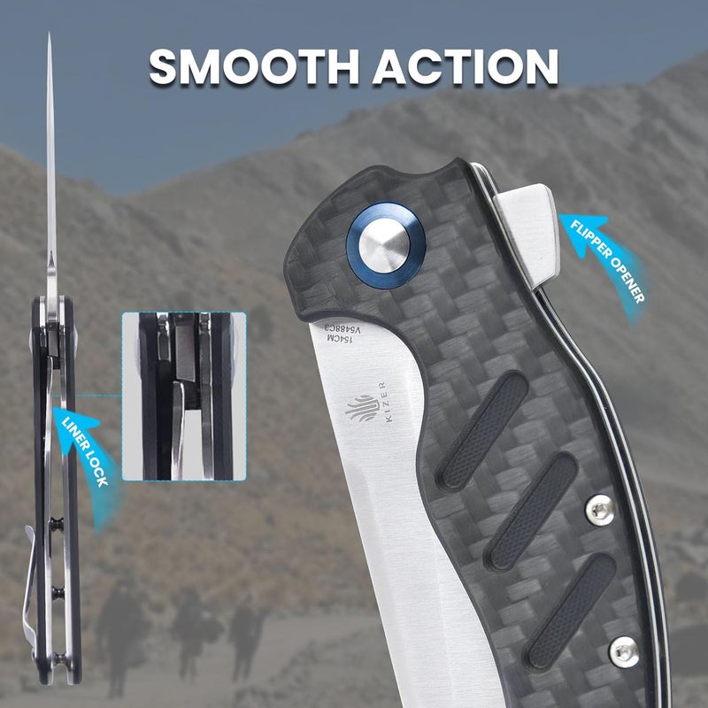 KIZER C01c (XL) Sheepdog Pocket Knife, 154CM Sheepsfoot Blade Folding Knife with Gray Carbon Fiber G10 Handle, Camping Knives with Clip for Men Women, EDC Hunting Survival Knives, V5488C3 - Image 4